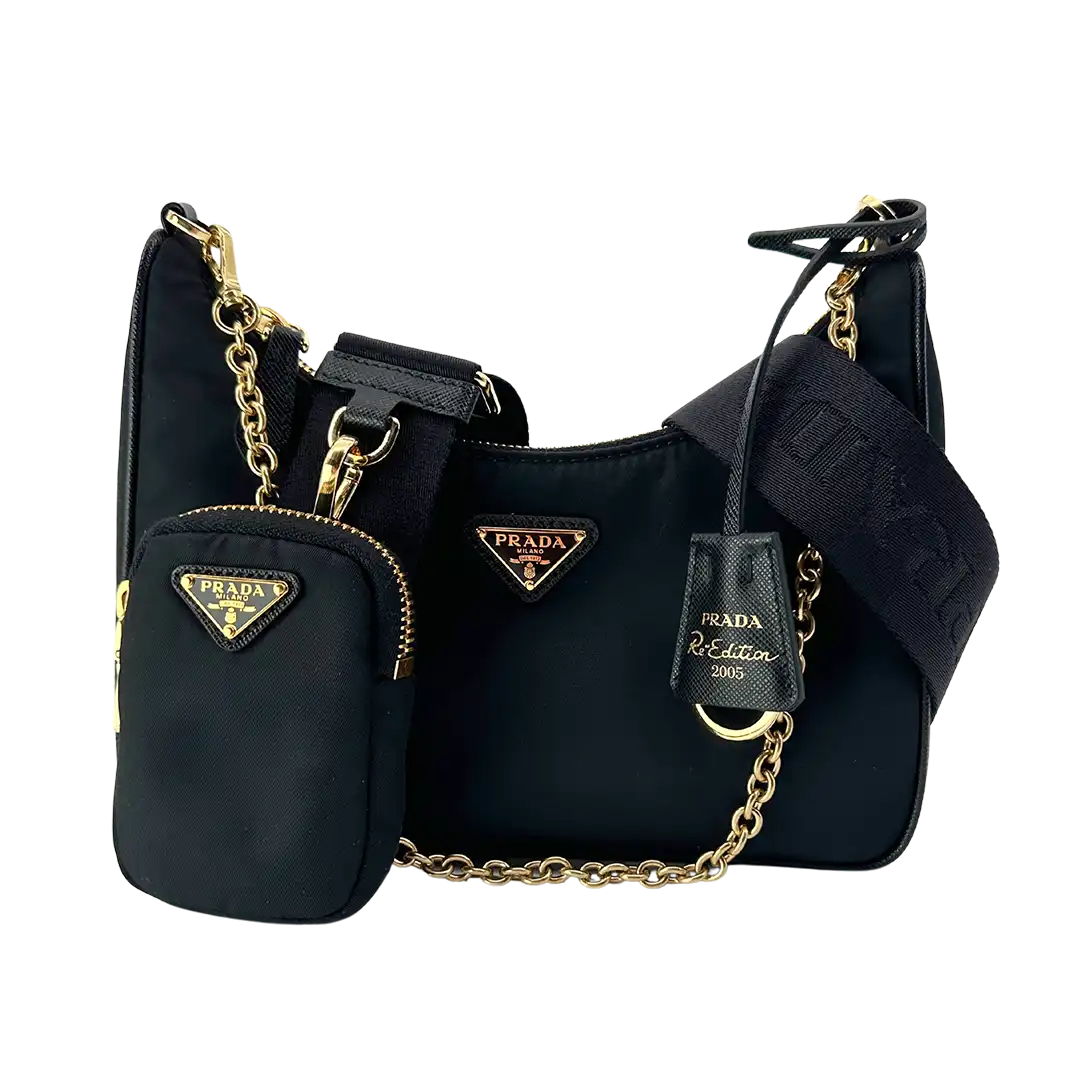 Prada Re-Edition 2005 Nylontasche schwarz gold Fullset / neu Prada