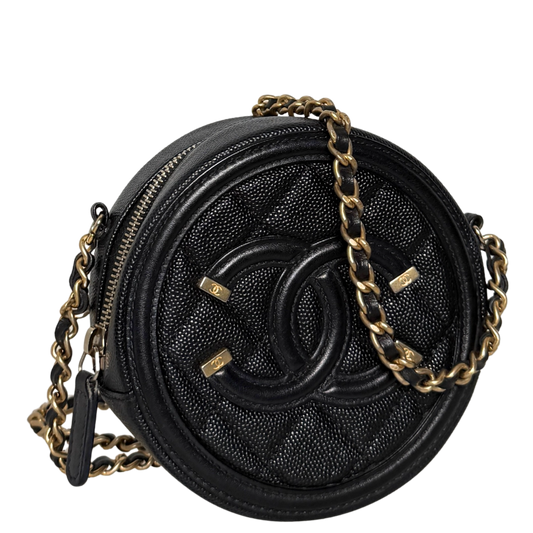 Chanel Runde CC Filigree Clutch aus Kaviarleder Schwarz / sehr gut Chanel