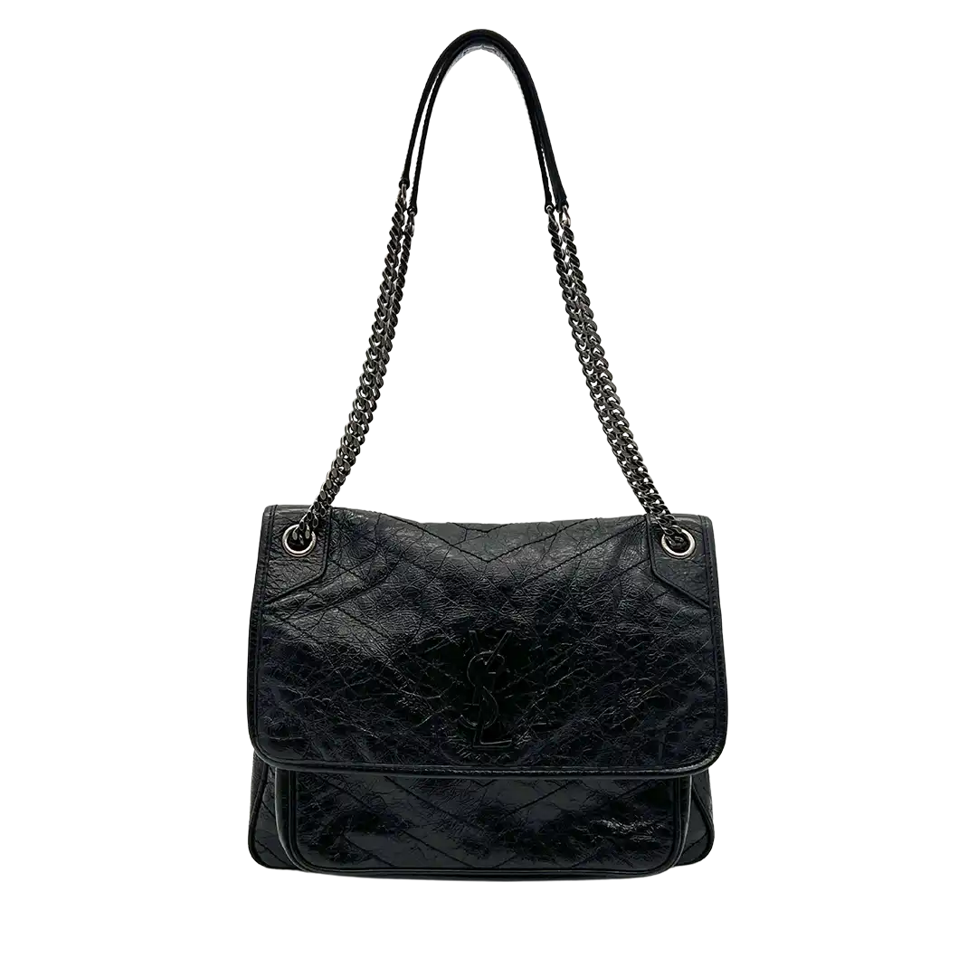 Saint Laurent Niki Large knittriges Vintage Leder schwarz / sehr gut Saint Laurent