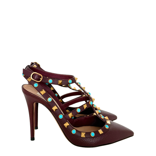 Valentino Rolling Rockstud T-Strap Pumps bordeaux rot Größe 38 / sehr gut Valentino