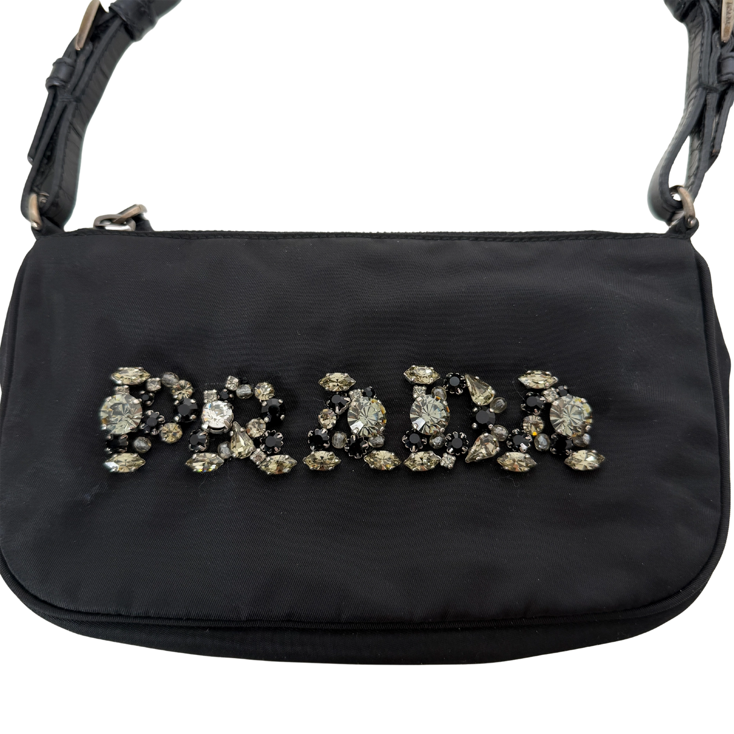 Prada Mini Bag aus Nylon schwarz mit Strass-Logo / sehr gut Prada