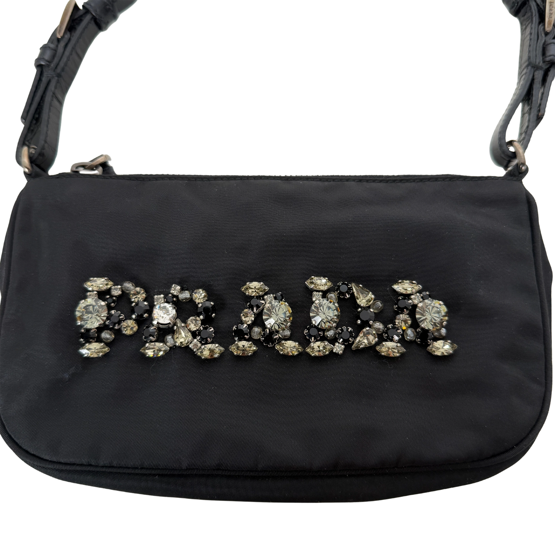 Prada Mini Bag aus Nylon schwarz mit Strass-Logo / sehr gut Prada
