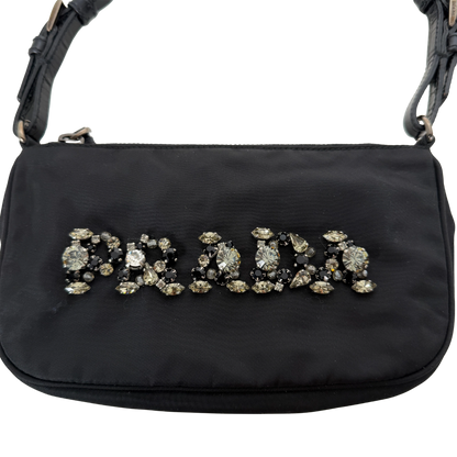 Prada Mini Bag aus Nylon schwarz mit Strass-Logo / sehr gut Prada