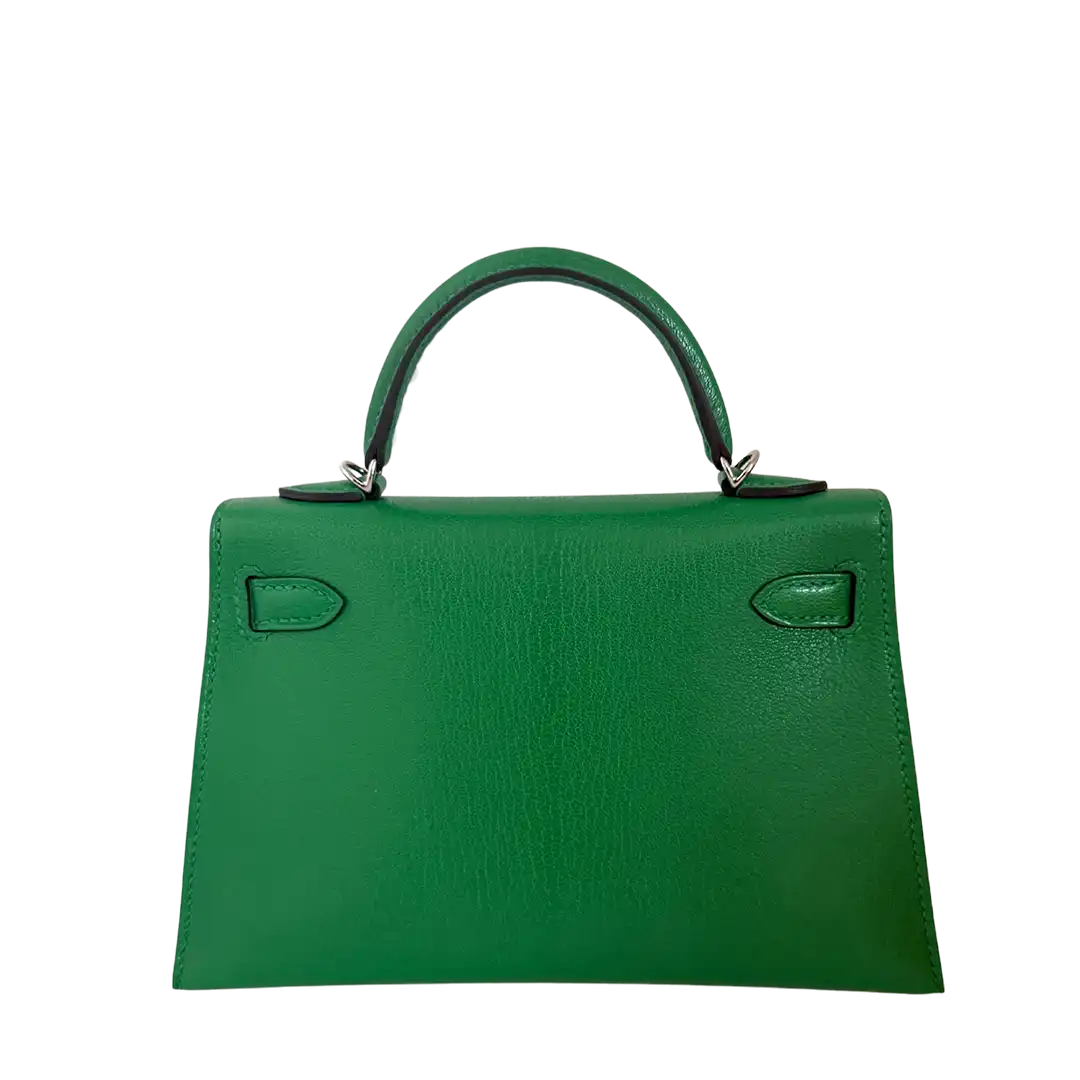 Hermès Mini Kelly II 20 Sellier Chevre Chamkila 1k Bambou Paladium Fullset / ungetragen Hermès