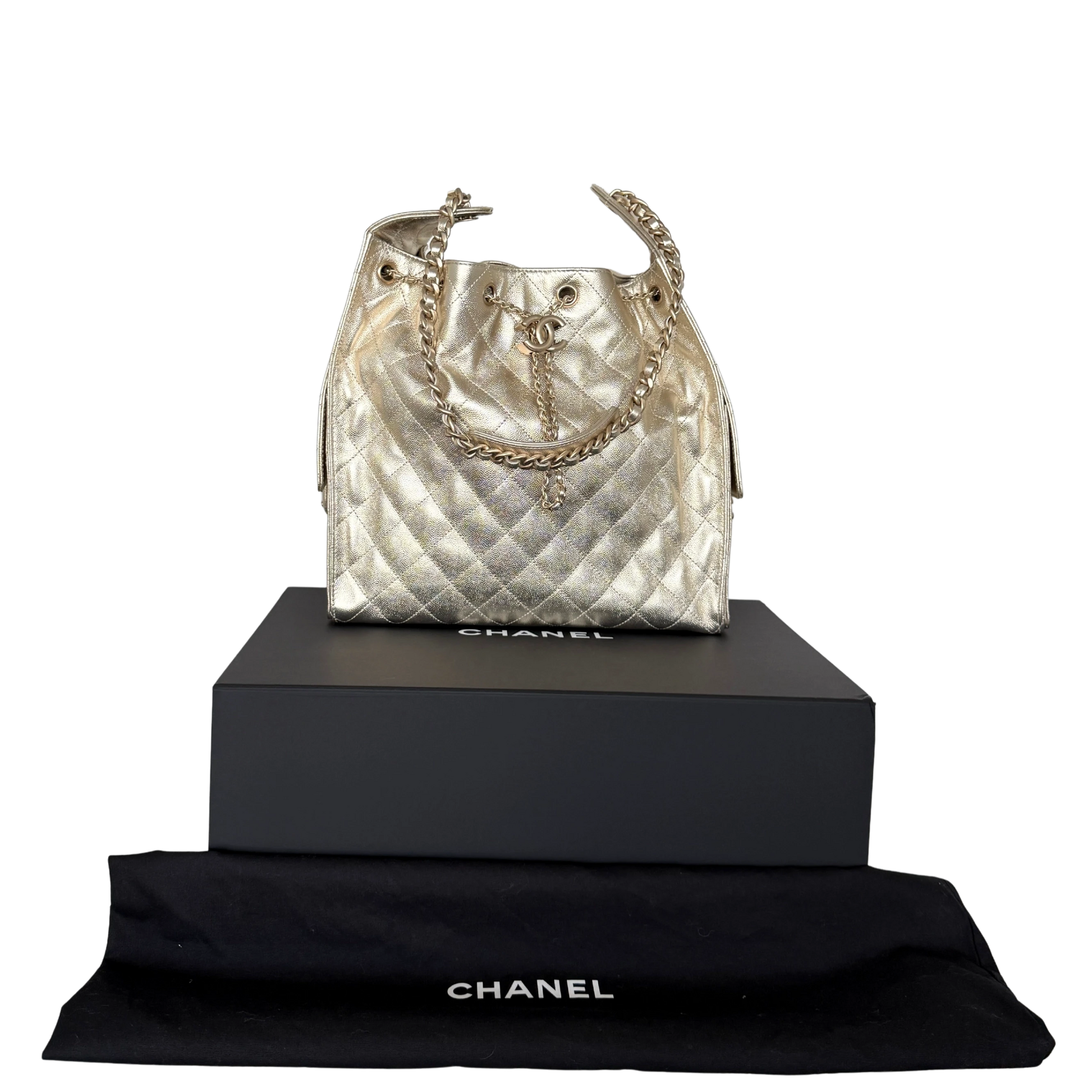 Chanel 25 Small Metallic Champagner Gold Fullset / neuwertig Chanel