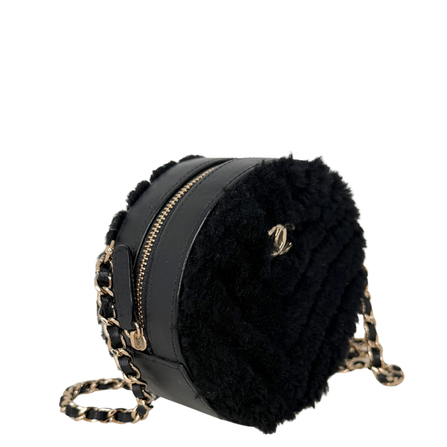 Chanel Round Clutch Chevron Shearling Mini schwarz / sehr gut Chanel