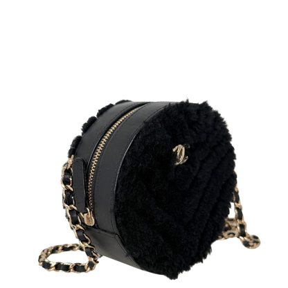 Chanel Round Clutch Chevron Shearling Mini schwarz / sehr gut Chanel