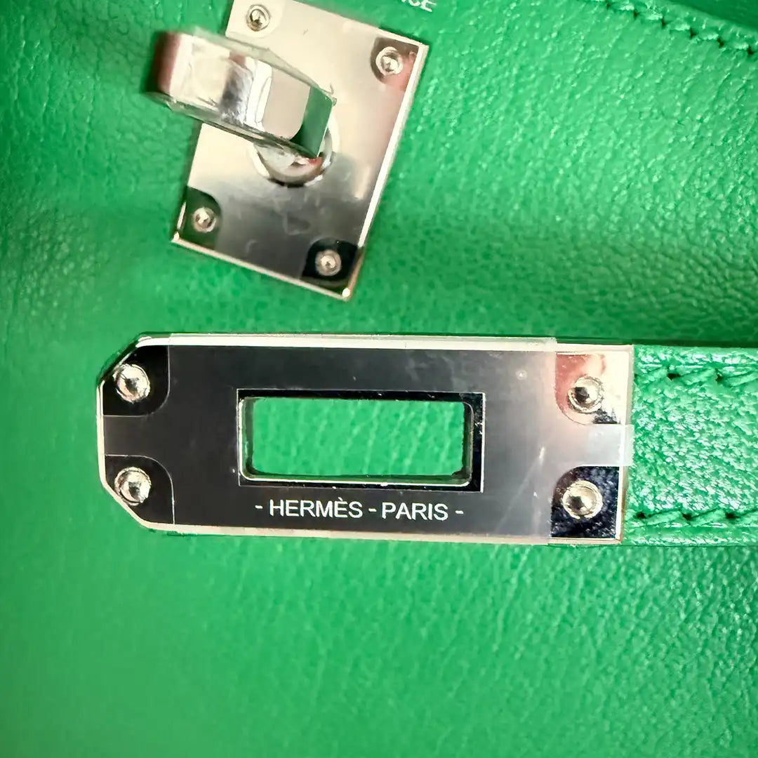 Hermès Mini Kelly II 20 Sellier Chevre Chamkila 1k Bambou Paladium Fullset / ungetragen Hermès