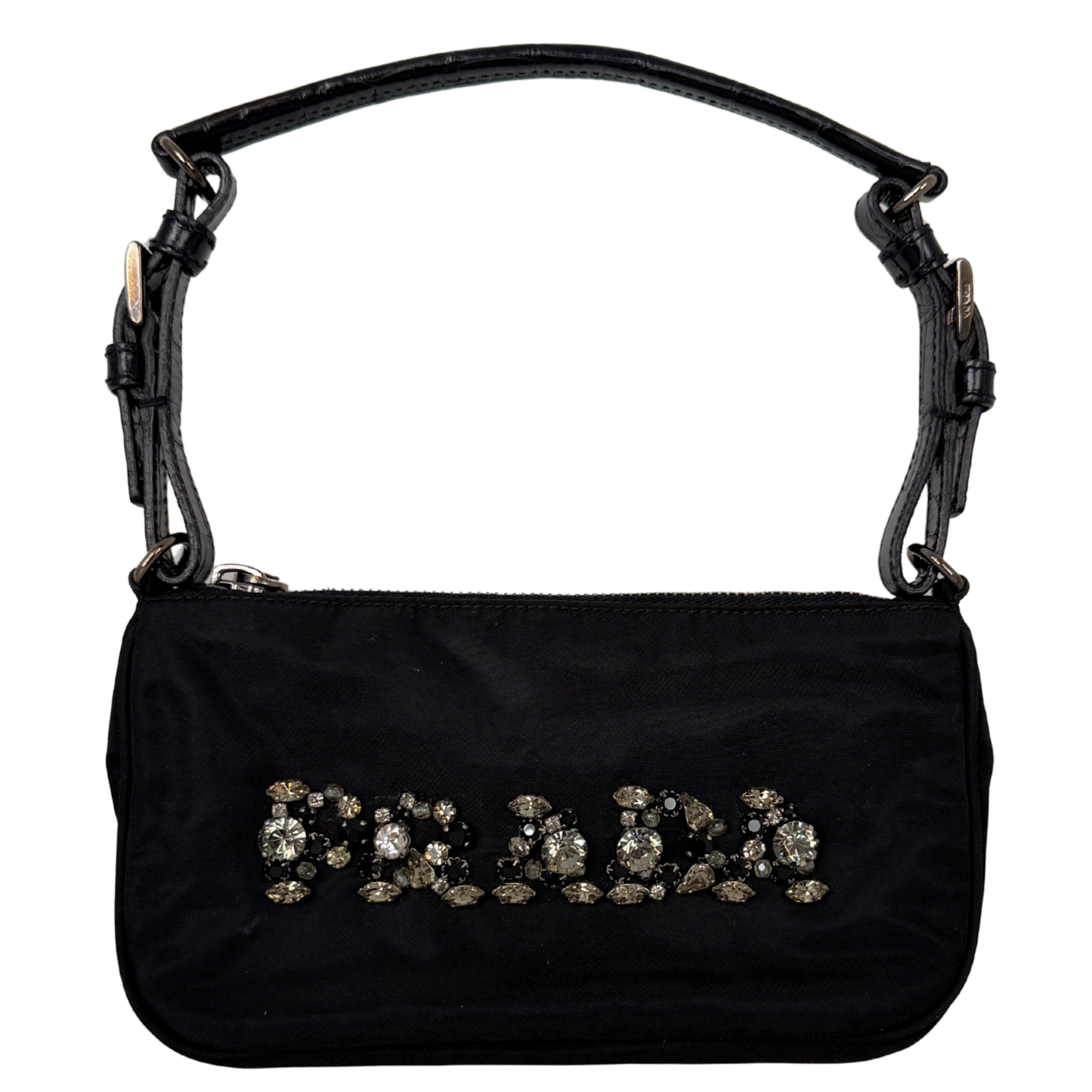 Prada Mini Bag aus Nylon schwarz mit Strass-Logo / sehr gut Prada