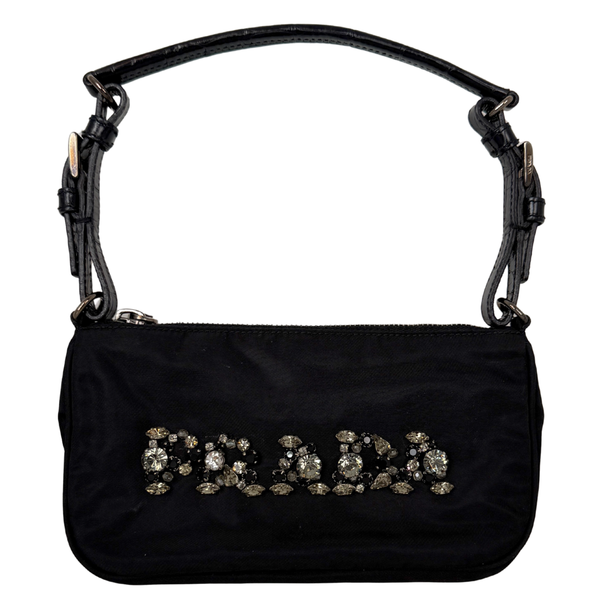 Prada Mini Bag aus Nylon schwarz mit Strass-Logo / sehr gut Prada