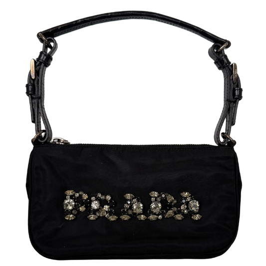Prada Mini Bag aus Nylon schwarz mit Strass-Logo / sehr gut Prada