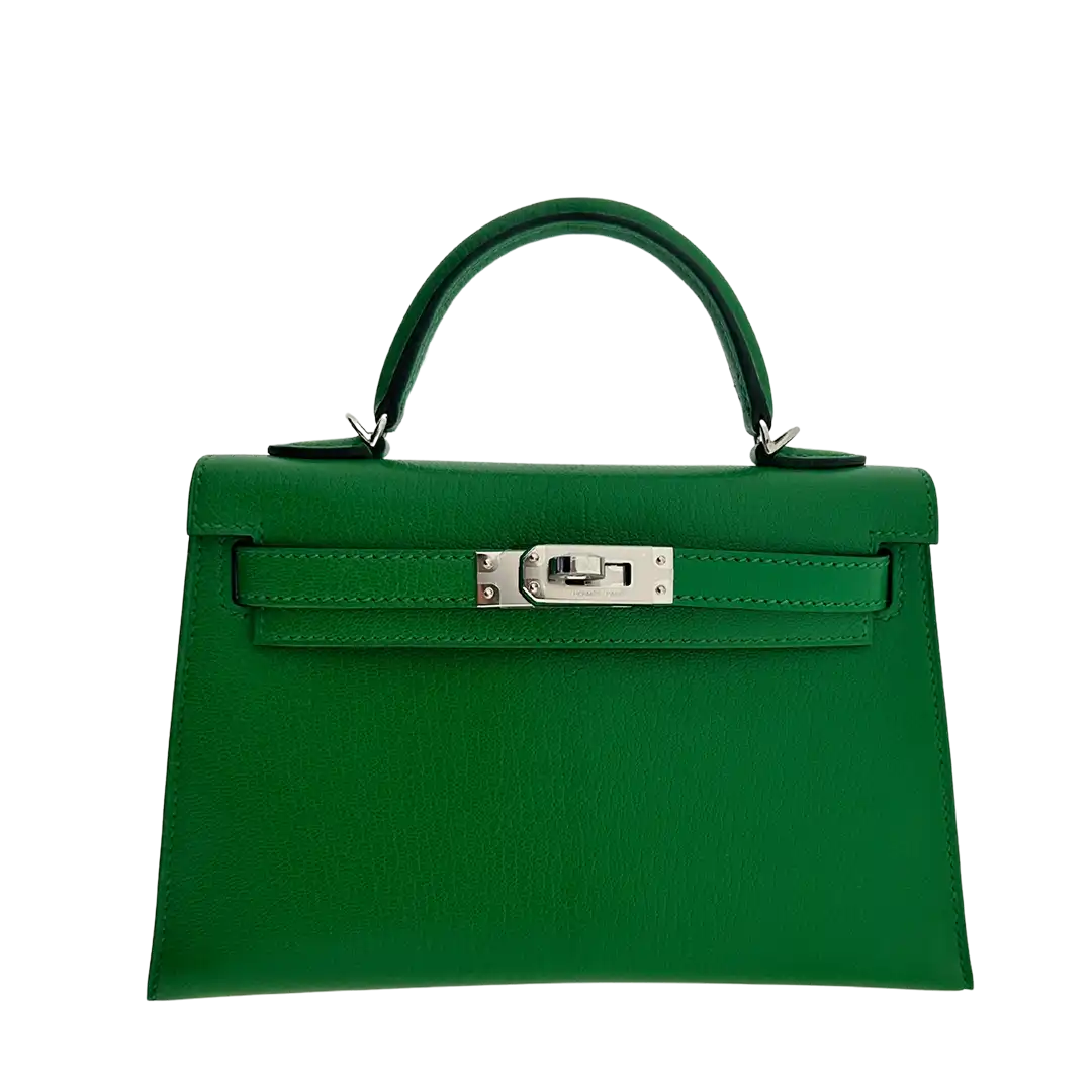 Hermès Mini Kelly II 20 Sellier Chevre Chamkila 1k Bambou Paladium Fullset / ungetragen Hermès