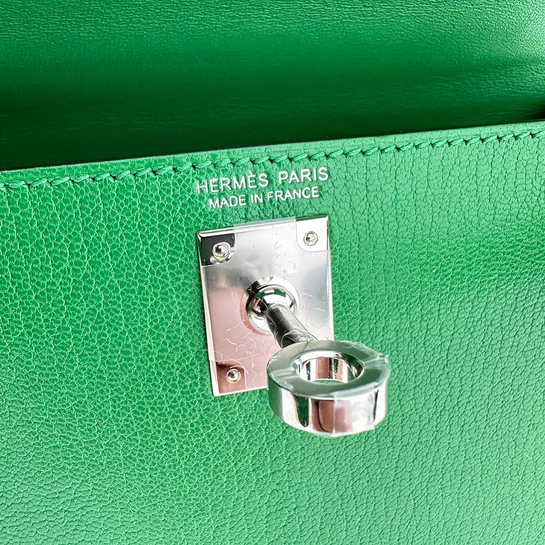 Hermès Mini Kelly II 20 Sellier Chevre Chamkila 1k Bambou Paladium Fullset / ungetragen Hermès