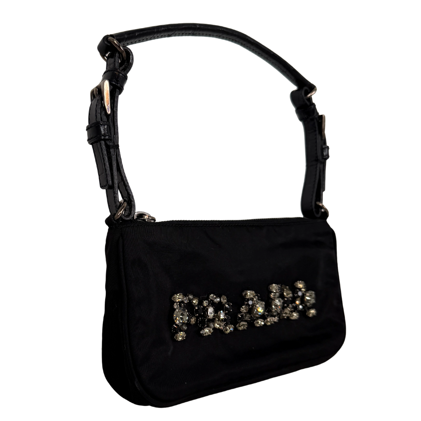 Prada Mini Bag aus Nylon schwarz mit Strass-Logo / sehr gut Prada