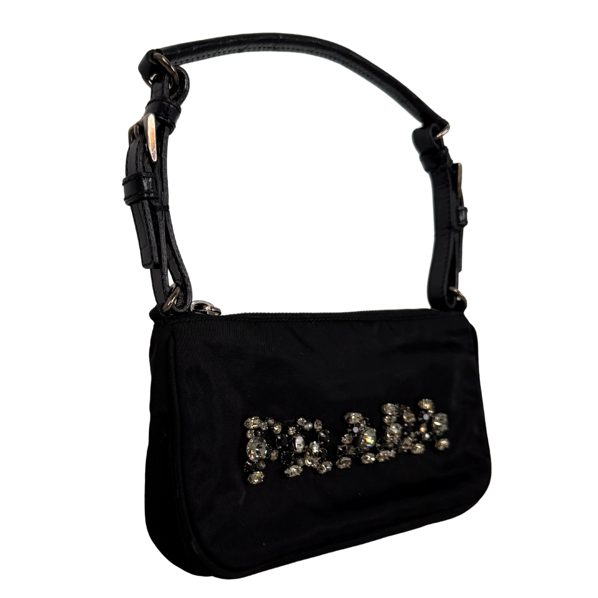 Prada Mini Bag aus Nylon schwarz mit Strass-Logo / sehr gut Prada