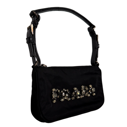 Prada Mini Bag aus Nylon schwarz mit Strass-Logo / sehr gut Prada