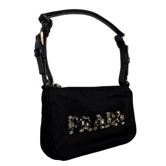 Prada Mini Bag aus Nylon schwarz mit Strass-Logo / sehr gut Prada