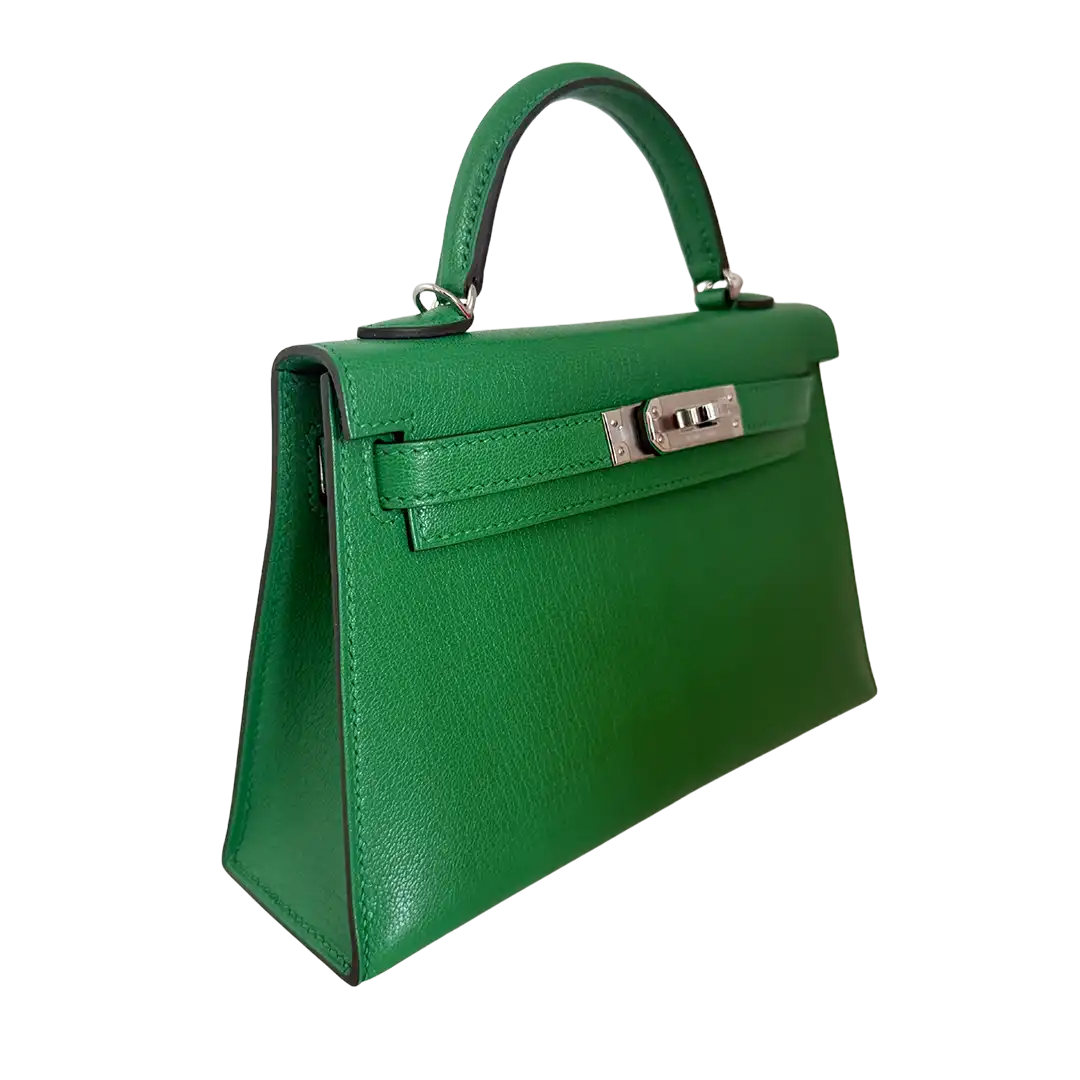 Hermès Mini Kelly II 20 Sellier Chevre Chamkila 1k Bambou Paladium Fullset / ungetragen Hermès