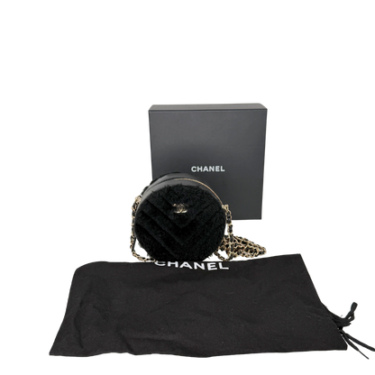Chanel Round Clutch Chevron Shearling Mini schwarz / sehr gut Chanel