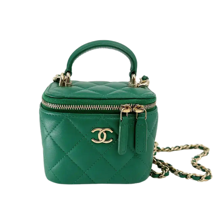 Chanel Vanity Case Top Handle Mini Lammleder grün Fullset / sehr gut Chanel