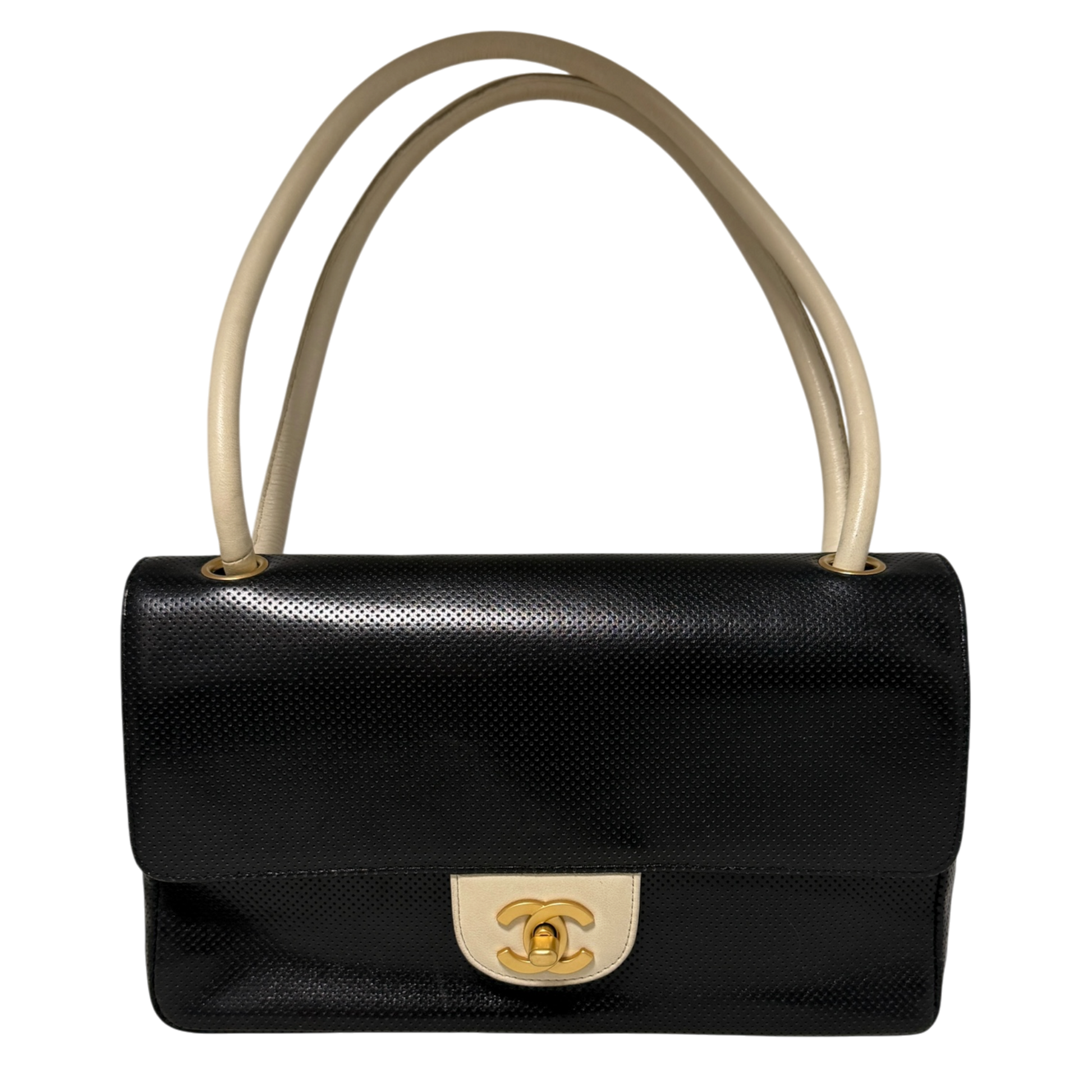 Chanel Single Flap Bag Medium Lammleder perforiert  Schwarz/Weiß / sehr gut Chanel