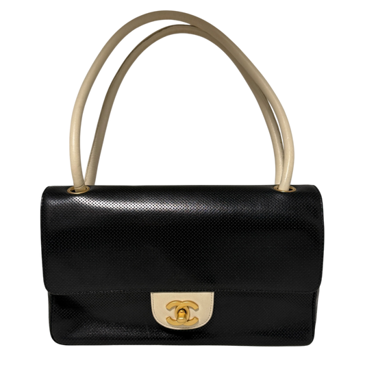 Chanel Single Flap Bag Medium Lammleder perforiert  Schwarz/Weiß / sehr gut Chanel