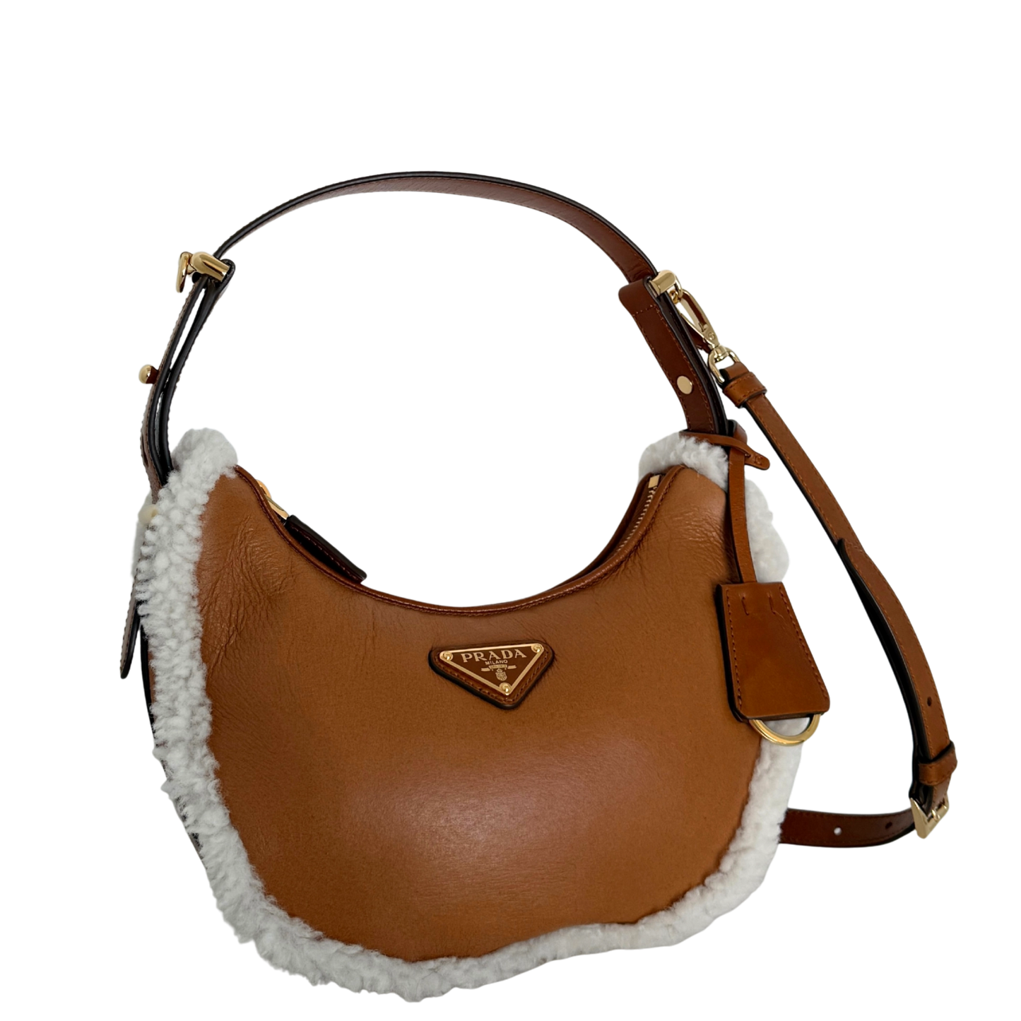 Prada kleine Arqué Schultertasche aus Lammfell Cognac / neuwertig