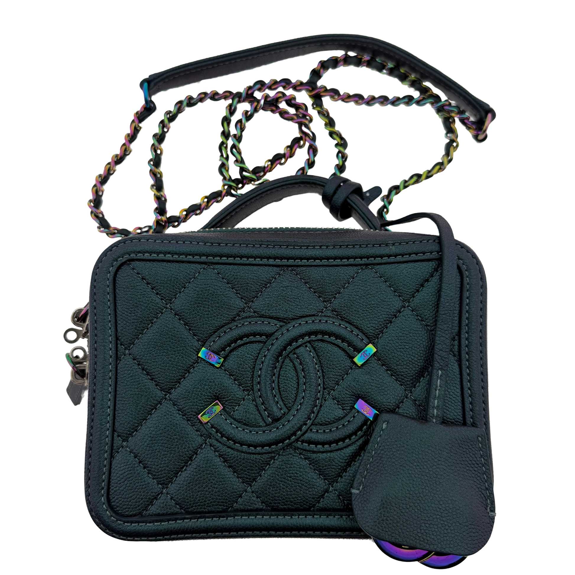 Chanel Filigree Vanity Case Metallic Blau Grün / sehr gut Echtheitscheck