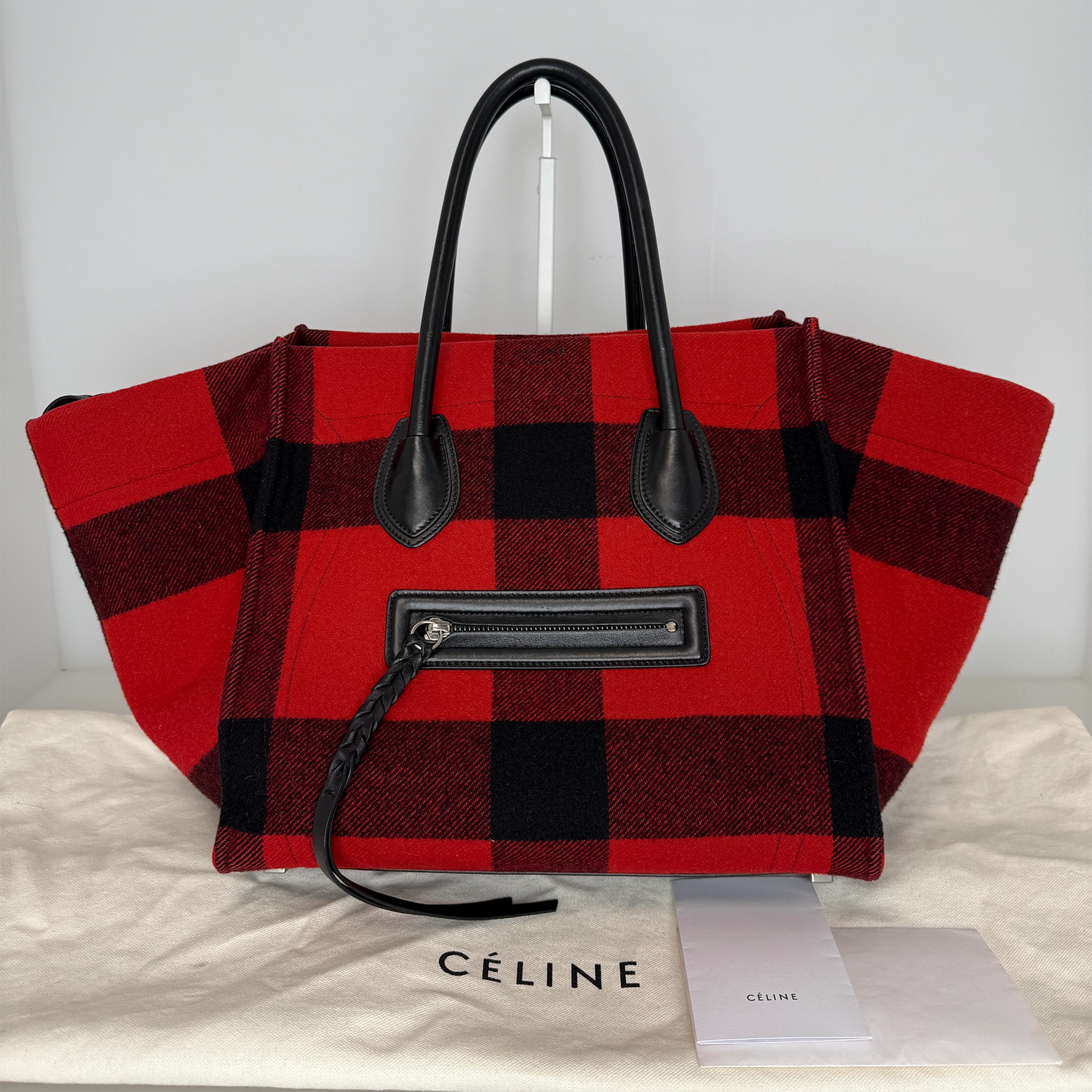 CELINE Tartan Phantom Luggage Bag Wolle rot schwarz / gut CELINE