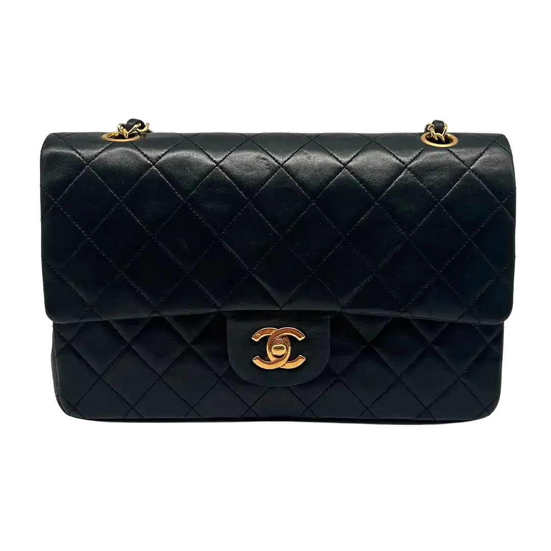 CHANEL 2.55 Double Flap 10" Chain Shoulder Bag schwarzes Lammleder / gut Chanel