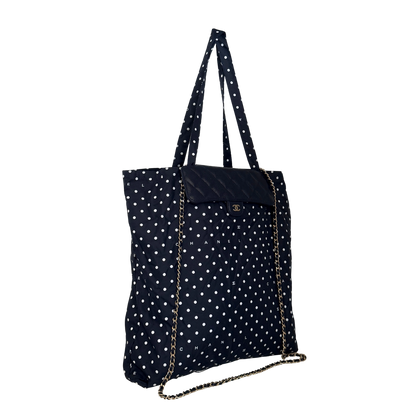 Chanel Quilted Foldable Chain Tote Bag Caviar mit Polka Dots Navyblau / neuwertig Chanel