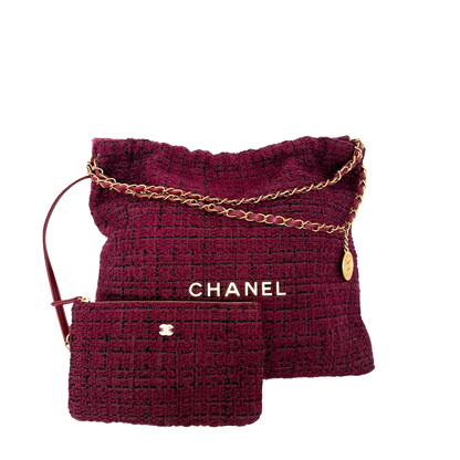Chanel 22 mittelgroße Hobobag aus Tweed Burgunderrot goldene Hardware / neuwertig Chanel