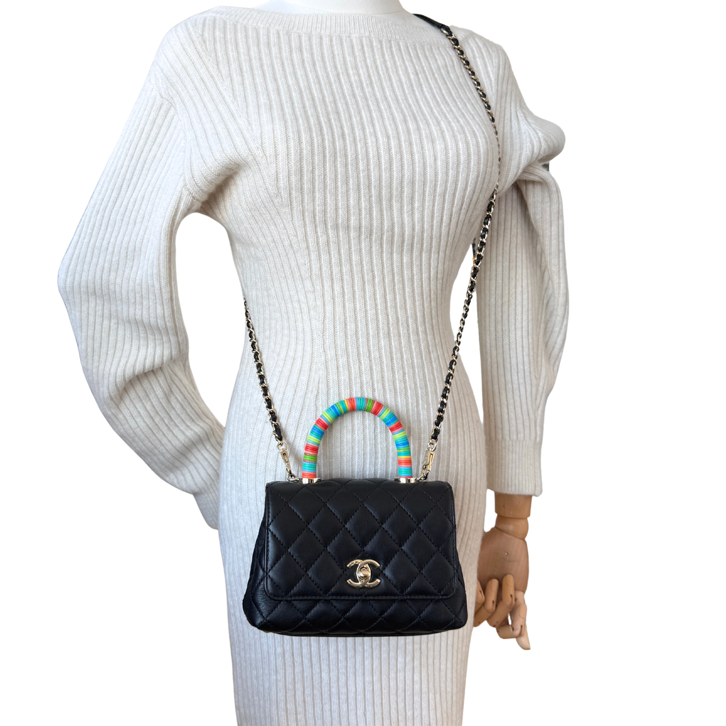 Chanel Mini Flap Bag mit Rainbow Top Handle Lammleder Schwarz / neuwertig Chanel