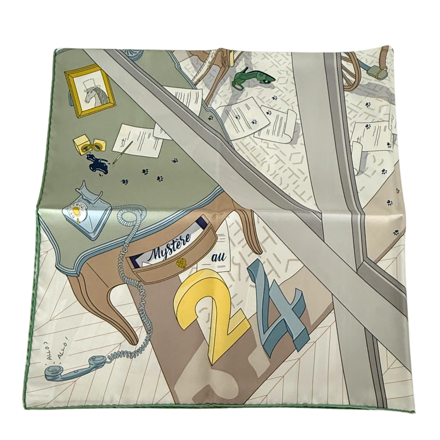 Hermès Carré 90 MYSTERE AU 24 Seidentuch Grau Fullset / neuwertig Hermès