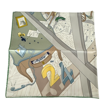 Hermès Carré 90 MYSTERE AU 24 Seidentuch Grau Fullset / neuwertig Hermès