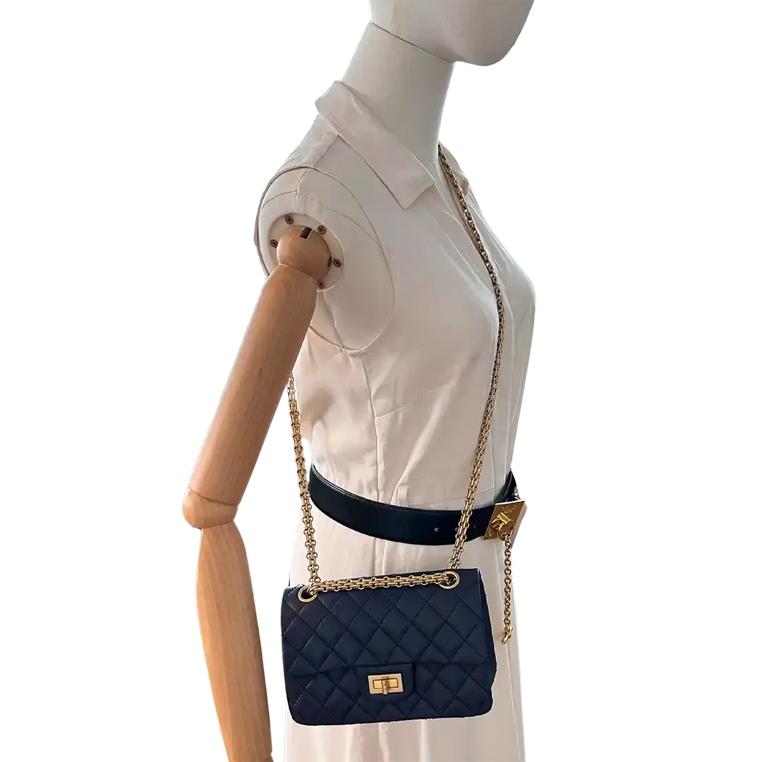 Chanel 2.55 Mini Tasche Kalbsleder in Vintage Optik dunkelblau Fullset / neuwertig Chanel
