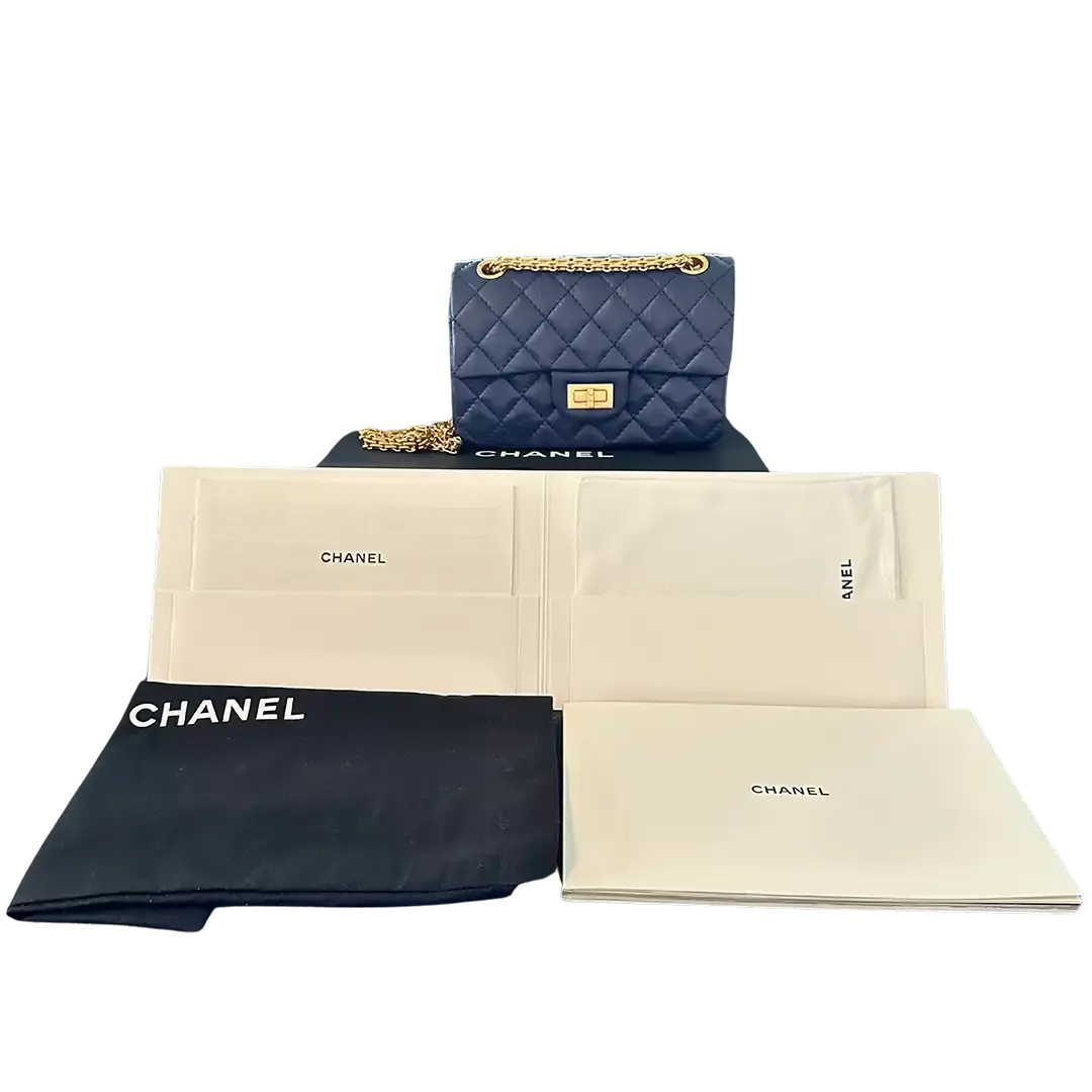 Chanel 2.55 Mini Tasche Kalbsleder in Vintage Optik dunkelblau Fullset / neuwertig Chanel