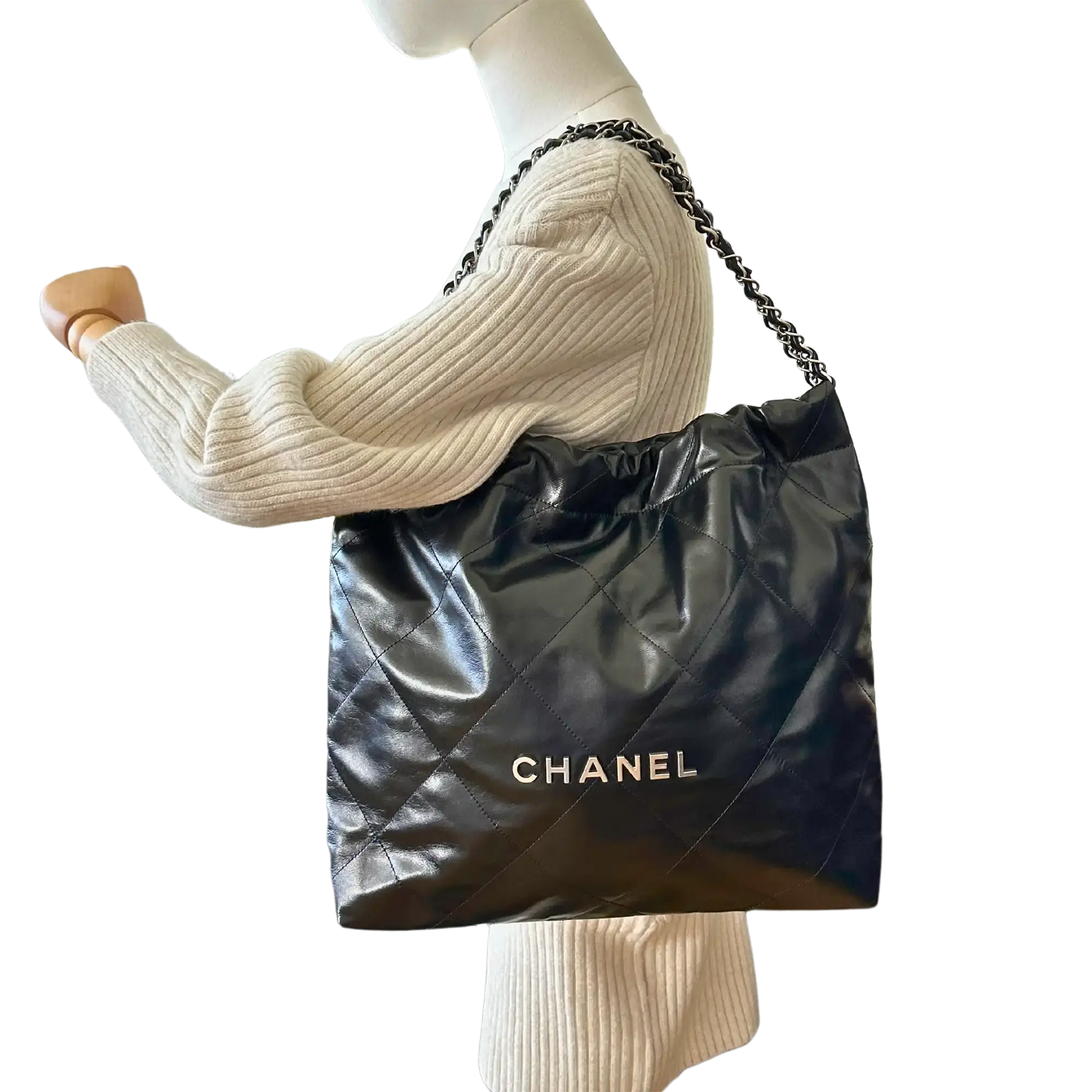 Chanel 22 mittelgoße Hobobag schwarz silberne Hardware 2024 Fullset / neuwertig Chanel
