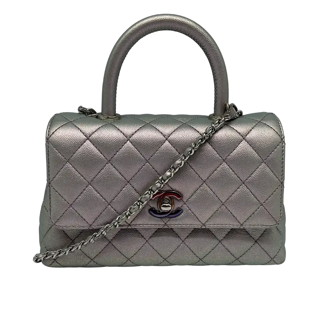 Chanel Coco Handle Bag Mini Iridescent purple Kaviarleder Fullset / wie Neu - Echtheitscheck