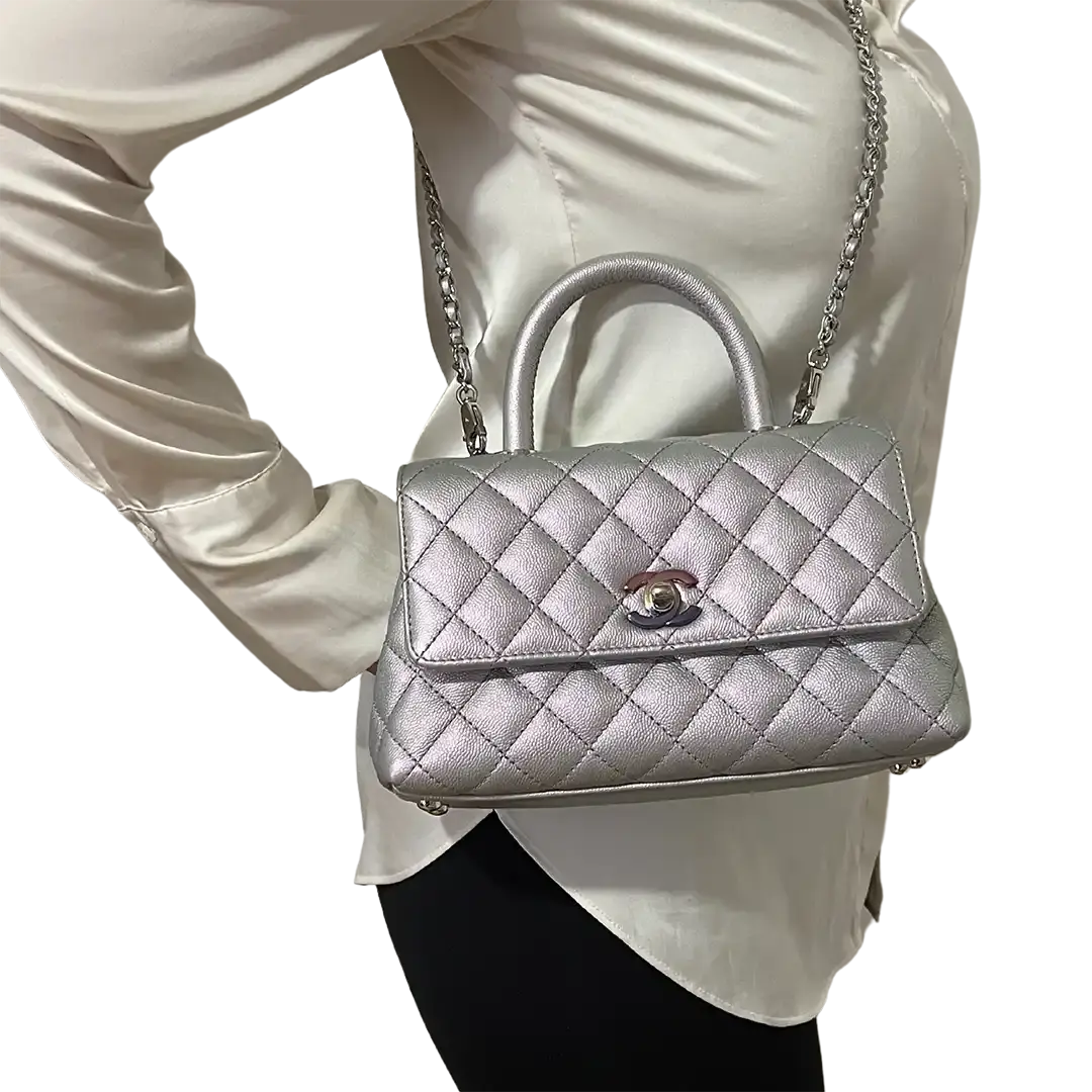 Chanel Coco Handle Bag Mini Iridescent purple Kaviarleder Fullset / wie Neu - Echtheitscheck