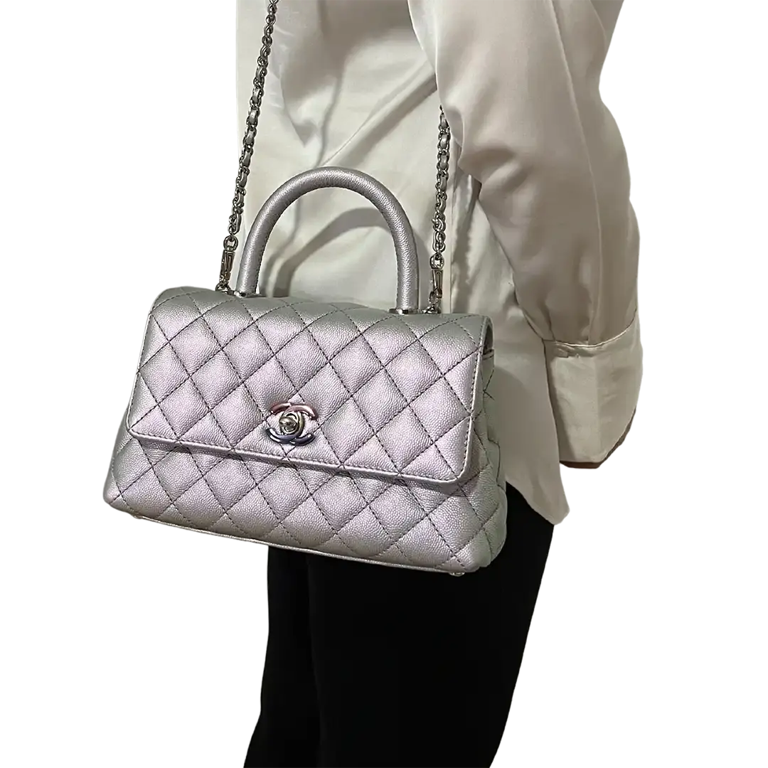 Chanel Coco Handle Bag Mini Iridescent purple Kaviarleder Fullset / wie Neu - Echtheitscheck