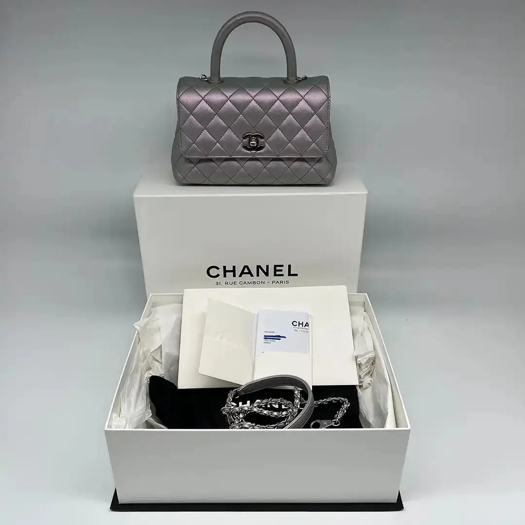 Chanel Coco Handle Bag Mini Iridescent purple Kaviarleder Fullset / wie Neu - Echtheitscheck