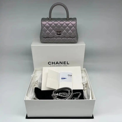 Chanel Coco Handle Bag Mini Iridescent purple Kaviarleder Fullset / wie Neu - Echtheitscheck