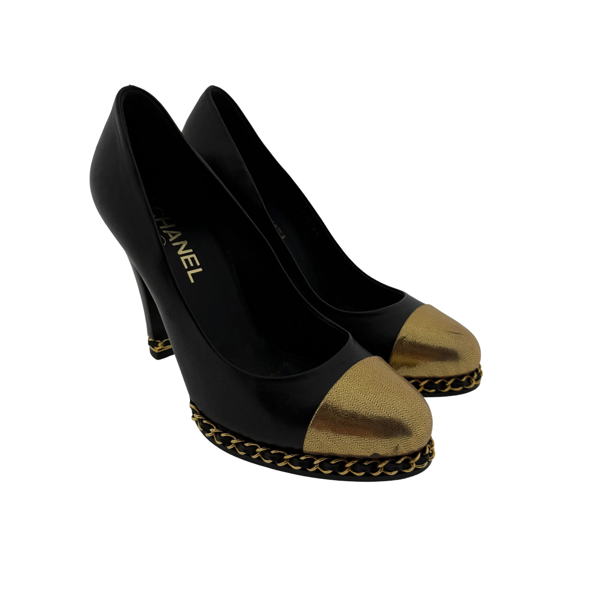 Chanel Pumps Black/Metallic Gold Leather Cap Chain Link Größe 38 1/2 / guter Zustand Chanel