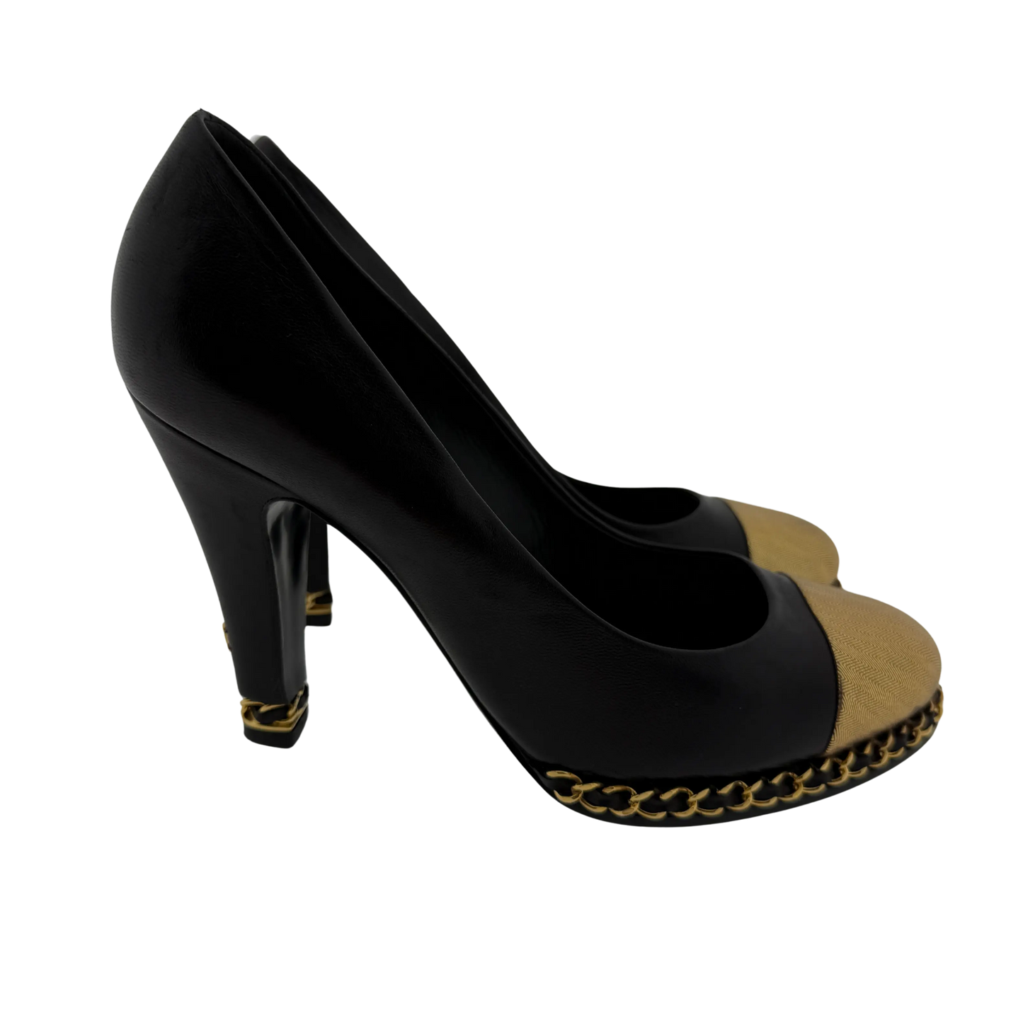 Chanel Pumps Black/Metallic Gold Leather Cap Chain Link Größe 38 1/2 / guter Zustand Chanel