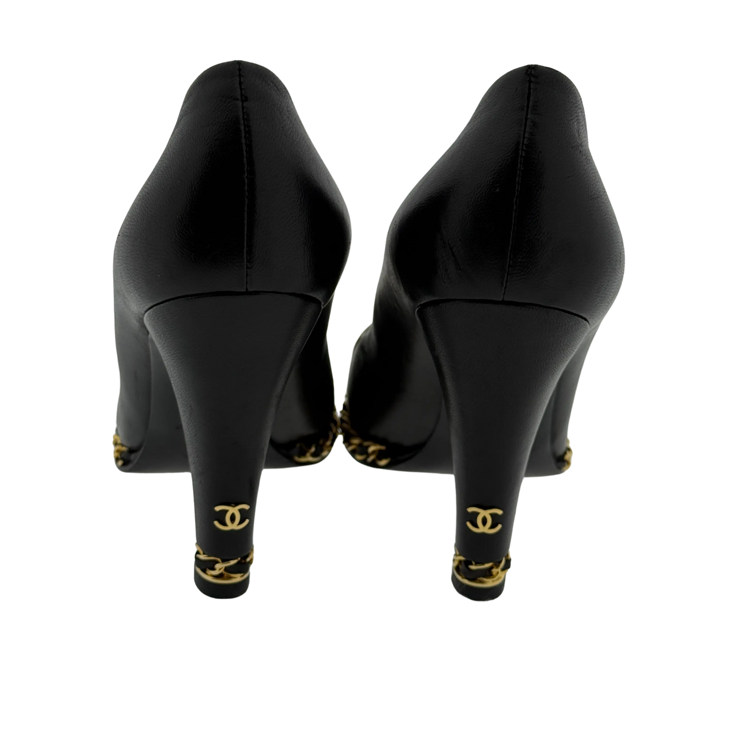 Chanel Pumps Black/Metallic Gold Leather Cap Chain Link Größe 38 1/2 / guter Zustand Chanel