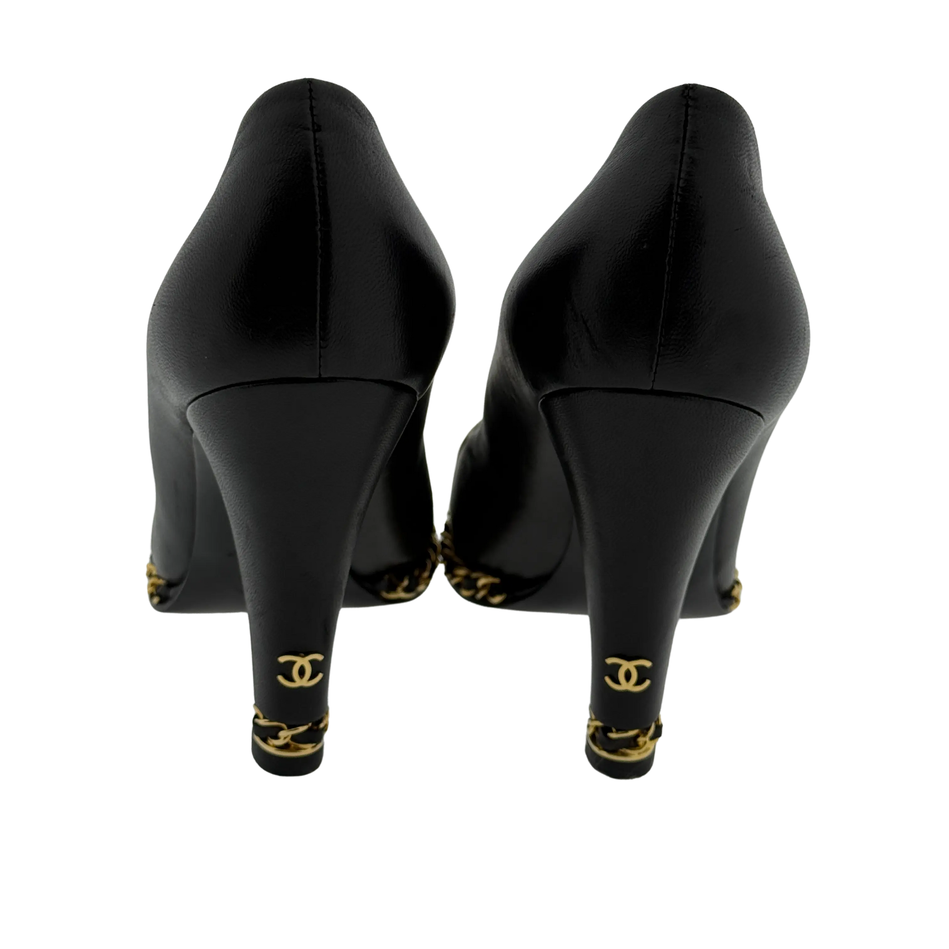 Chanel Pumps Black/Metallic Gold Leather Cap Chain Link Größe 38 1/2 / guter Zustand Chanel