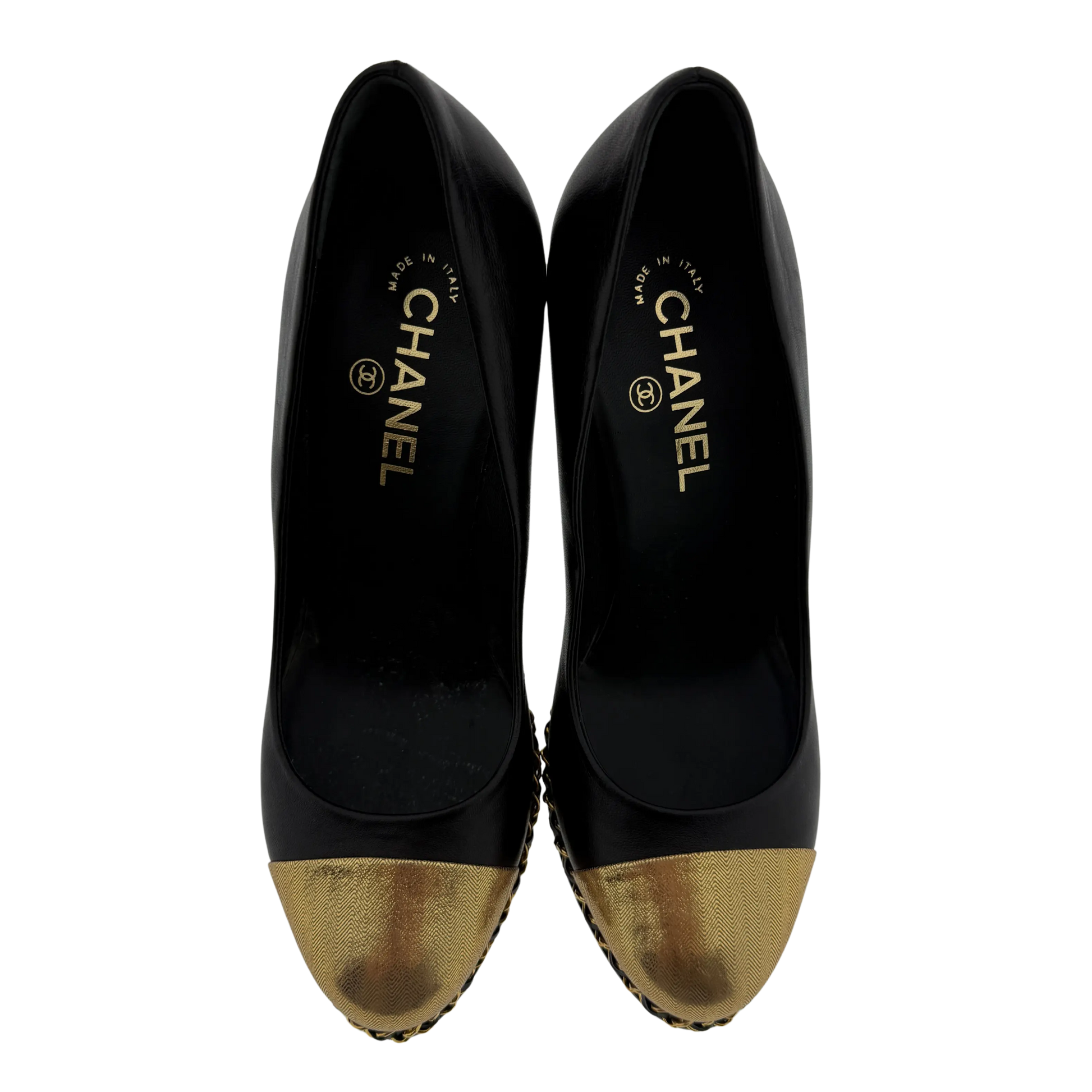 Chanel Pumps Black/Metallic Gold Leather Cap Chain Link Größe 38 1/2 / guter Zustand Chanel