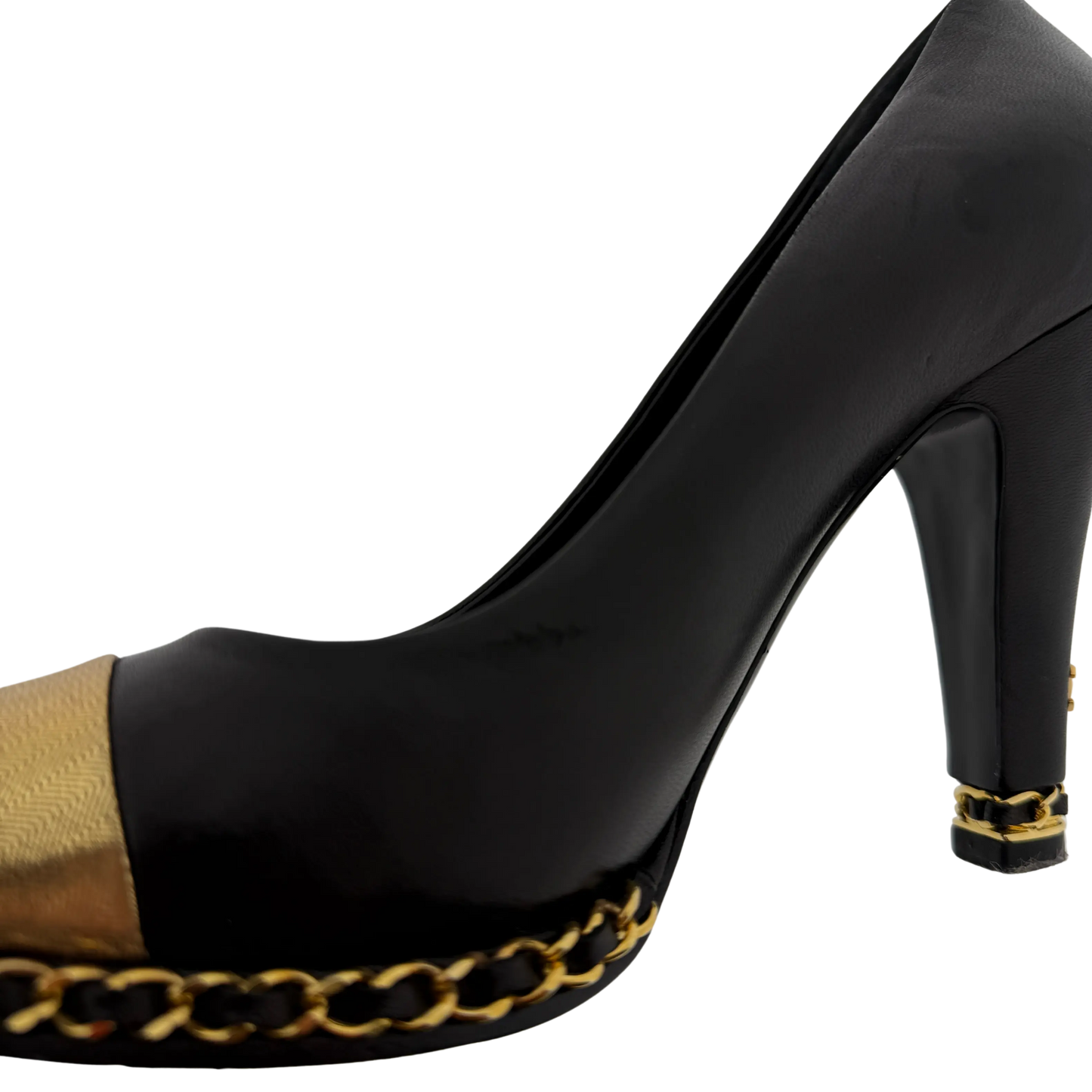 Chanel Pumps Black/Metallic Gold Leather Cap Chain Link Größe 38 1/2 / guter Zustand Chanel