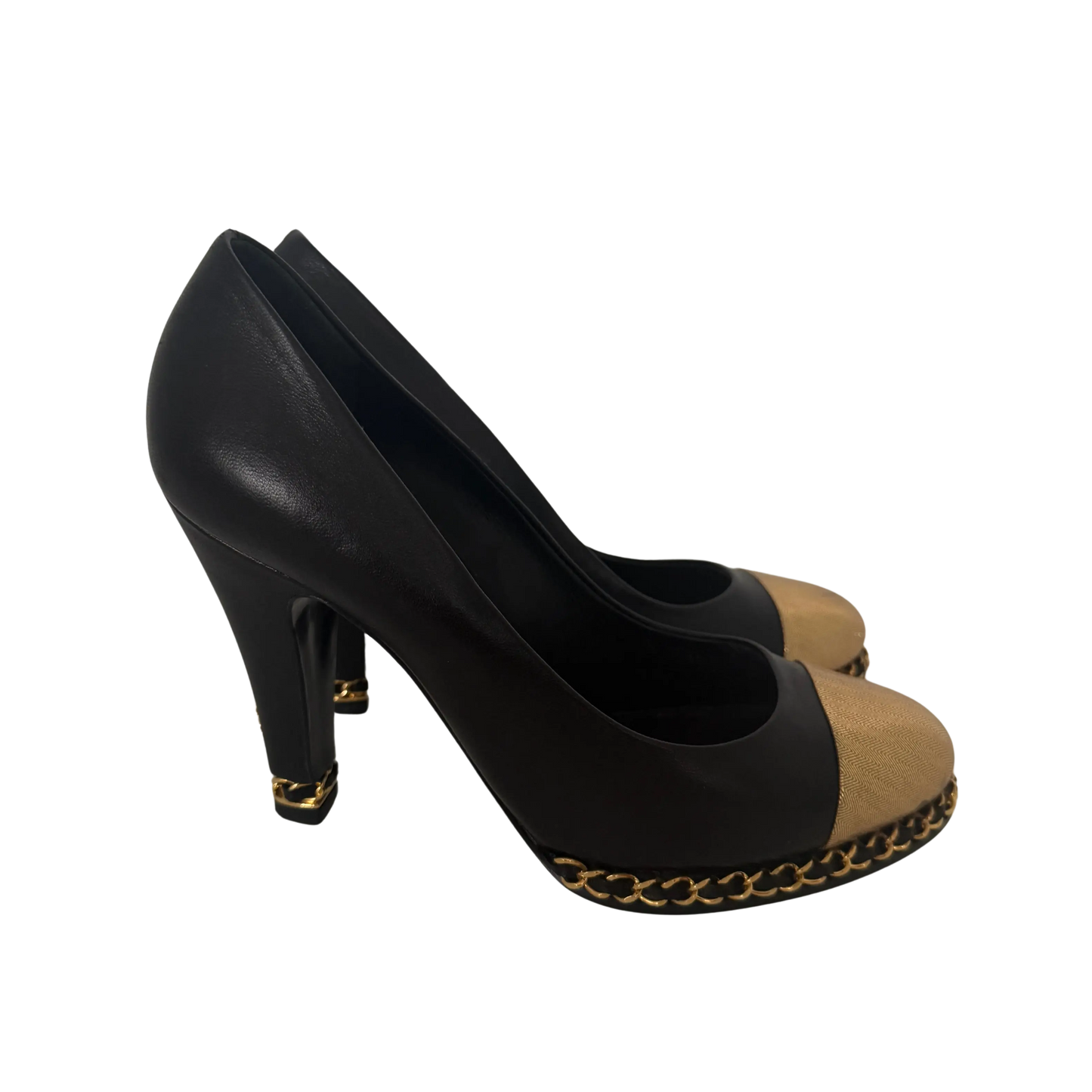 Chanel Pumps Black/Metallic Gold Leather Cap Chain Link Größe 38 1/2 / guter Zustand Chanel
